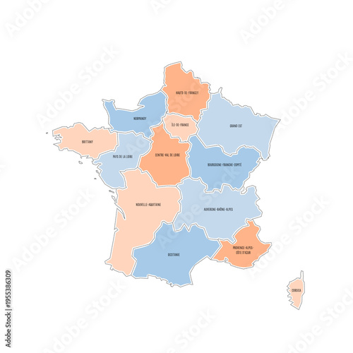 France political map of administrative divisions - regions. Colorful handdrawn doodle style map with black outline borders and name labels.