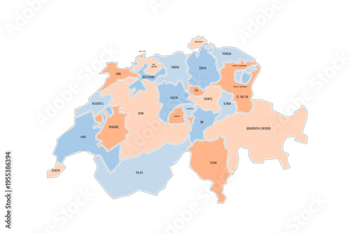 Switzerland political map of administrative divisions - cantons. Colorful handdrawn doodle style map with black outline borders and name labels.