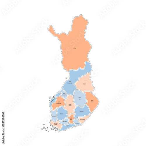 Finland political map of administrative divisions - regions and one autonomous region of Aland. Colorful handdrawn doodle style map with black outline borders and name labels.