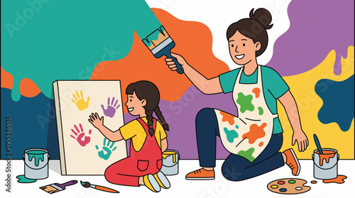 In this engaging scene, a parent and child create art together, reflecting the joy of creativity and connection in a colorful environment filled with handprints and art supplies.