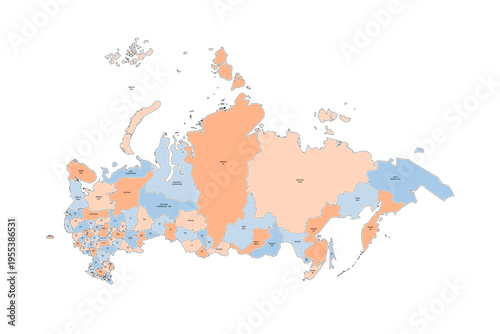 Russia political map of administrative divisions - oblasts, republics, autonomous okrugs, krais, autonomous oblast and 2 federal cities of Moscow and Saint Petersburg. Colorful handdrawn doodle style