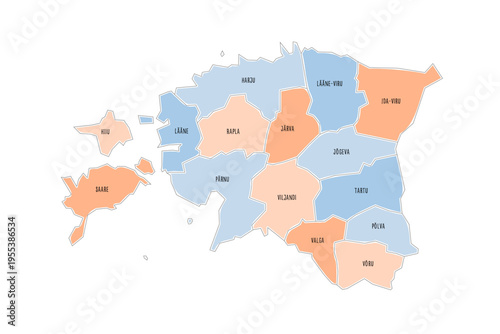 Estonia political map of administrative divisions - counties. Colorful handdrawn doodle style map with black outline borders and name labels.