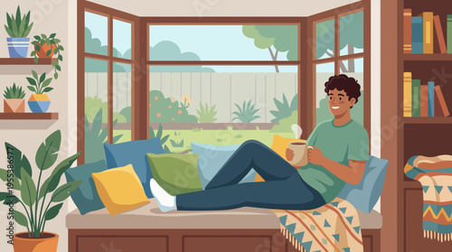 An inviting illustration of a relaxed individual lounging on a comfortable sofa, sipping a warm beverage, surrounded by a bright and tranquil indoor atmosphere.