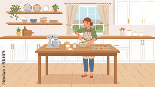 The image features a person baking cookies in a cozy kitchen, showcasing a stand mixer, ingredients, and a tray of freshly made cookies cooling on the counter.