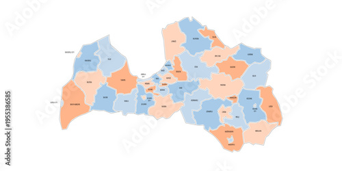 Latvia political map of administrative divisions - municipalities and cities. Colorful handdrawn doodle style map with black outline borders and name labels.