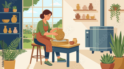 A woman skillfully shapes clay on a pottery wheel in a bright studio, emphasizing artistry, dedication, and the process of handmade craftsmanship.