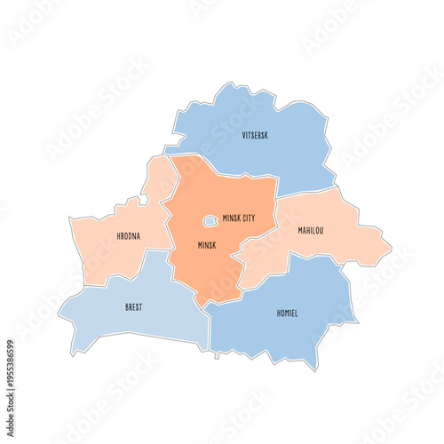 Belarus political map of administrative divisions - regions and one autonomous city. Colorful handdrawn doodle style map with black outline borders and name labels.