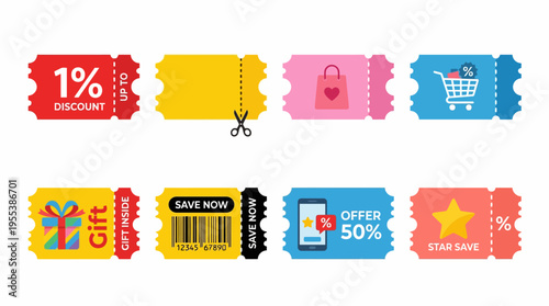 A collection of colorful vector discount coupons and labels with various symbols and text on a white background for shopping and marketing purposes.