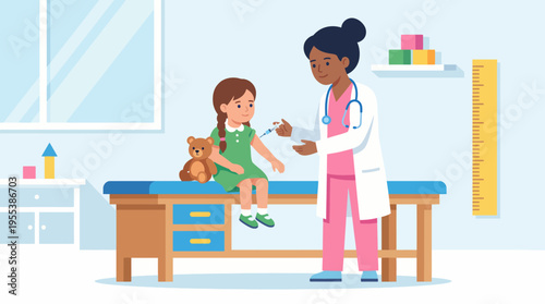 This heartwarming illustration captures a young girl receiving a vaccination in a friendly clinic environment, highlighting the importance of health care and support during childhood.
