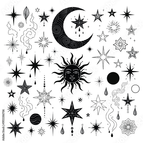 Celestial bodies and starry night sky illustrations with sun moon and stars