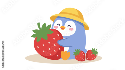 This adorable penguin, wearing a sunny hat, is happily hugging a giant strawberry, symbolizing playfulness and delight in a whimsical, child-friendly illustration.