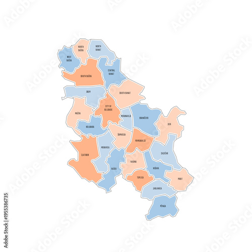 Serbia political map of administrative divisions - okrugs and autonomous city of Belgrade. Colorful handdrawn doodle style map with black outline borders and name labels.
