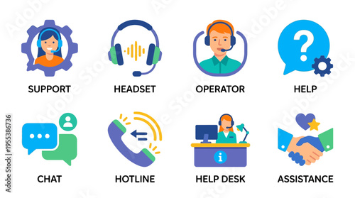 Customer support team provides assistance through hotline, chat, and help desk services with operator and headset.