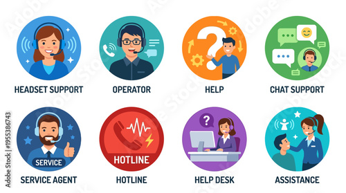 Customer support team providing vector help through chat and hotline services at office desk with operator and service agent assistance.