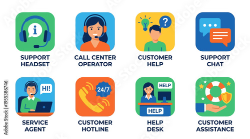 Vector icons of customer service support team providing assistance through call center, chat, and hotline in a modern office environment with various communication tools.