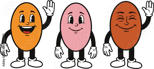 Three anthropomorphic beans with smiling faces waving