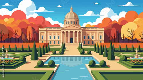 A stunning autumn garden showcasing vibrant foliage, manicured hedges, and a majestic classical building adorned with a dome, reflecting serenity and elegance in nature.