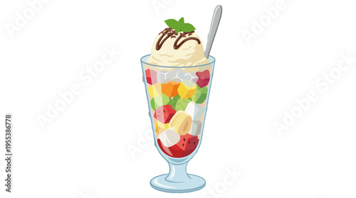 A colorful ice cream sundae presented in a tall glass, topped with whipped cream, chocolate syrup, and an assortment of fresh fruits, perfect for dessert lovers.