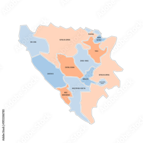 Bosnia and Herzegovina political map of administrative divisions - cantons of Federation of Bosnia and Herzegovina and Republika Srpska. Colorful handdrawn doodle style map with black outline borders
