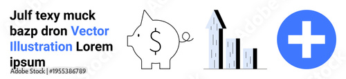 Financial planning, investment growth, healthcare access, business analytics, economic success, budget management. Piggy bank, bar chart and blue plus symbol. Financial planning and investment