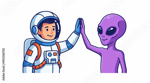 This imaginative illustration captures an astronaut and an alien exchanging a high five, symbolizing friendship and connection beyond Earth, merging science fiction with joy.