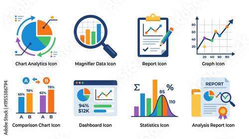 A vector collection of business analytics icons showing charts, graphs, and reports on a dashboard for data analysis and statistics in a modern office setting.