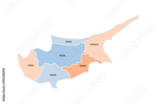 Cyprus political map of administrative divisions - districts. Colorful handdrawn doodle style map with black outline borders and name labels.