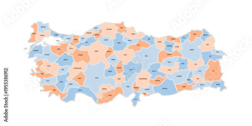Turkey political map of administrative divisions - provinces. Colorful handdrawn doodle style map with black outline borders and name labels.