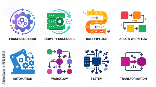 A vector graphic illustrates a workflow system with automation processing gear and data pipeline transformation.