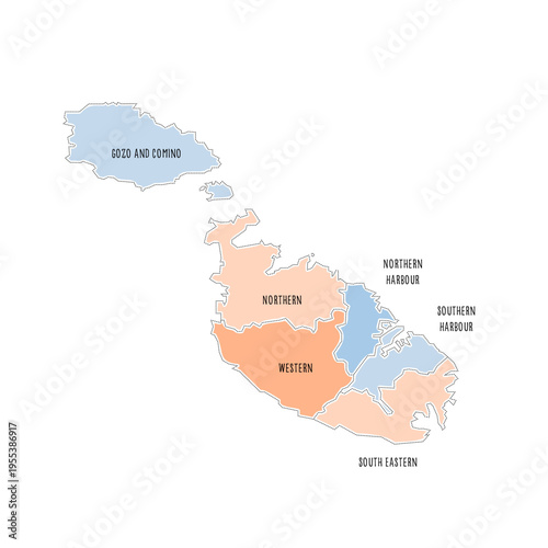Malta political map of administrative divisions - regions. Colorful handdrawn doodle style map with black outline borders and name labels.