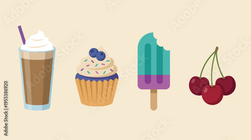 This colorful illustration displays a variety of delicious summer treats including a milkshake, cupcake, popsicle, and cherries, inviting joy and delight in seasonal indulgence.