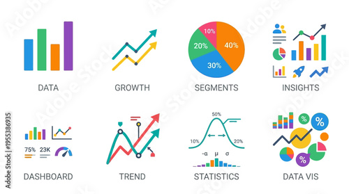 A vector illustration of various colorful data visualization icons and graphs on a flat surface showcasing insights and trends in a business setting with statistics and growth charts.