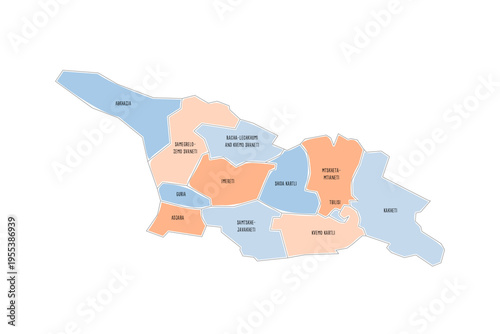 Georgia political map of administrative divisions - regions and autonomous republics of Abkhasia and Adjara. Colorful handdrawn doodle style map with black outline borders and name labels.
