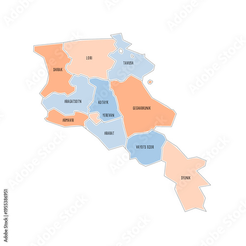 Armenia political map of administrative divisions - provinces and autonomous city of Yerevan. Colorful handdrawn doodle style map with black outline borders and name labels.