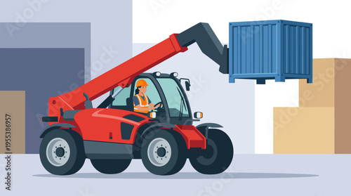 An illustration of a construction worker skillfully maneuvering a red forklift, showcasing the essential machinery used in building projects and warehouse operations.