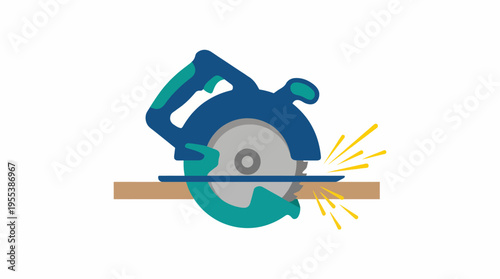 An engaging illustration of a circular saw cutting through wood creates an exciting dynamic scene, highlighting industrial work, craftsmanship, and the thrill of power tools in action.