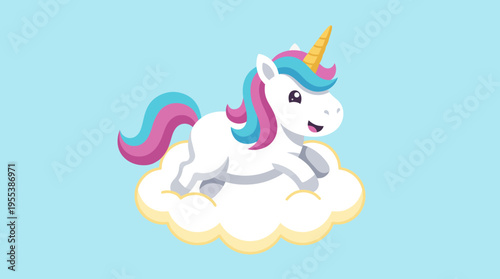 This charming illustration showcases a joyful unicorn prancing on a fluffy cloud, bringing a sense of whimsy, joy, and magic that appeals broadly to children and fantasy lovers alike.