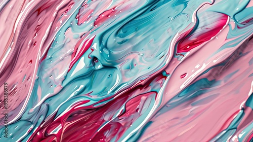 Abstract swirling colors in pink and blue create a dynamic, fluid texture.