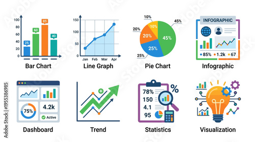 The vector graphic illustrations showcase various statistical data visualizations including charts and graphs on a dashboard.