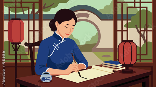 A graceful woman practicing calligraphy in a serene traditional setting, highlighting the beauty of heritage, culture, and the art of written expression through elegance.