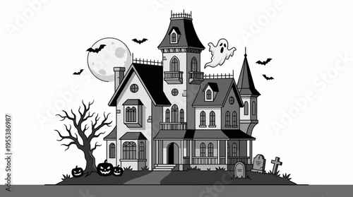 A spooky Gothic-style haunted house looms with a ghostly figure and eerie atmosphere, creating an exciting setting for Halloween and stories of the supernatural.