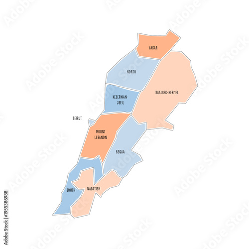 Lebanon political map of administrative divisions - governorates. Colorful handdrawn doodle style map with black outline borders and name labels.