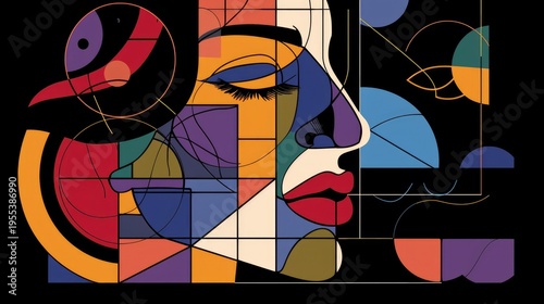 Abstract portrait featuring geometric shapes, vibrant colors, and a serene female face.