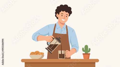A cheerful barista serving freshly brewed coffee alongside a tempting display of sweet baked goods, creating a warm and inviting café atmosphere.