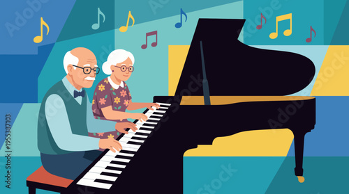 An elderly couple joyfully plays a piano together, filling the room with music and illustrating the beauty of love and companionship in their golden years.