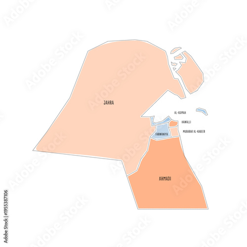 Kuwait political map of administrative divisions - governorates. Colorful handdrawn doodle style map with black outline borders and name labels.