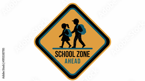 A bright yellow caution sign indicating a school zone ahead, featuring children walking, urging drivers to be mindful of young pedestrians in the area.
