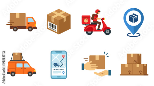 A vector illustration of a delivery process with trucks, scooters, and packages being tracked on a map via a smartphone.