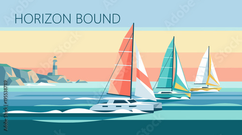 This stunning artwork features three sailboats gliding across calm waters under a vibrant sunset, symbolizing freedom, exploration, and the beauty of nature and adventure.