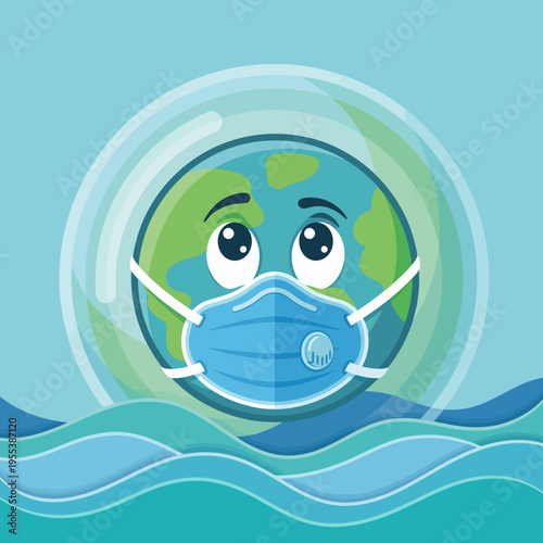 A cartoonish illustration of Earth wearing a mask, floating on waves, symbolizing global awareness and unity in facing challenges, especially during health crises.